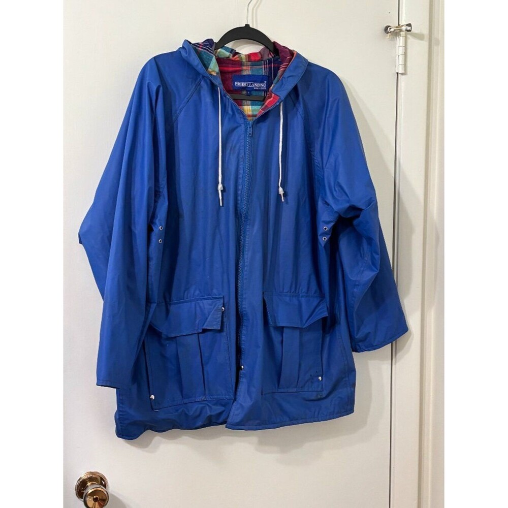 Prides Landing Y2K Women Large Royal Blue Plaid Cotton Fleece Lined PVS Slicker